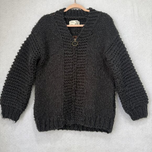 Jackson Rowe Cardigan Sweater Womens Small Black Chunky Knit Zip Up Eye Graphic - Picture 1 of 9